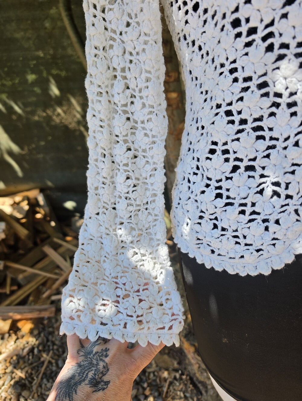 Y2K White Crochet Cardigan Sweater McBling Minimalist Cottagecore Shabby Chic - Picture 8 of 9